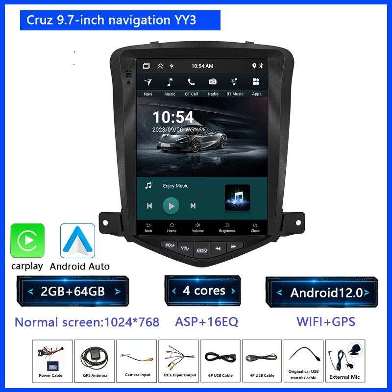 

KNOWRO 9,7-дюймовый Android 12 Carplay Auto 8Core BT для Chevrolet Cruze 2008-2014 Автомобильный радиоприемник Мультимедийный видеоплеер Navigaion 2Din