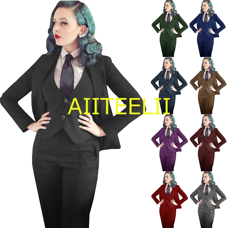 Women's Suit 3 Piece Business Formal Work Wear Pants Set Fitted Blazer + Pants + Vest Lady Jacket