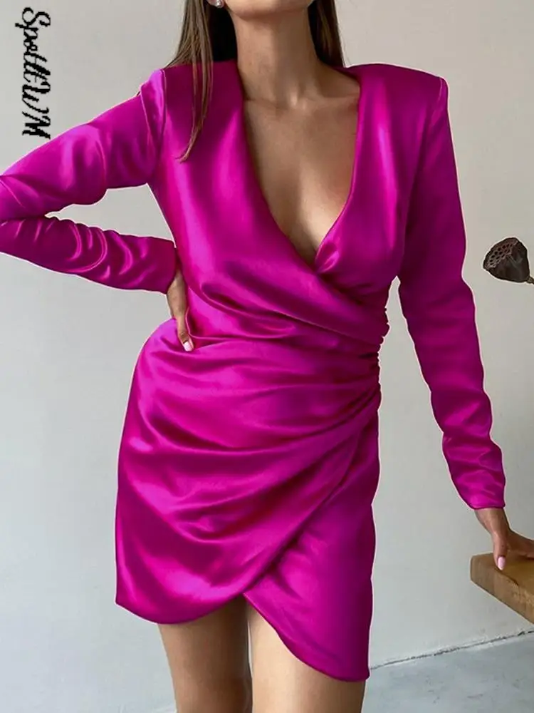 

Women Elegant Deep V Neck Slim Satin Dress Female Fashion High Wait Long Sleeve Mini Robe 2022 Summer Solid Sexy Party Dresses