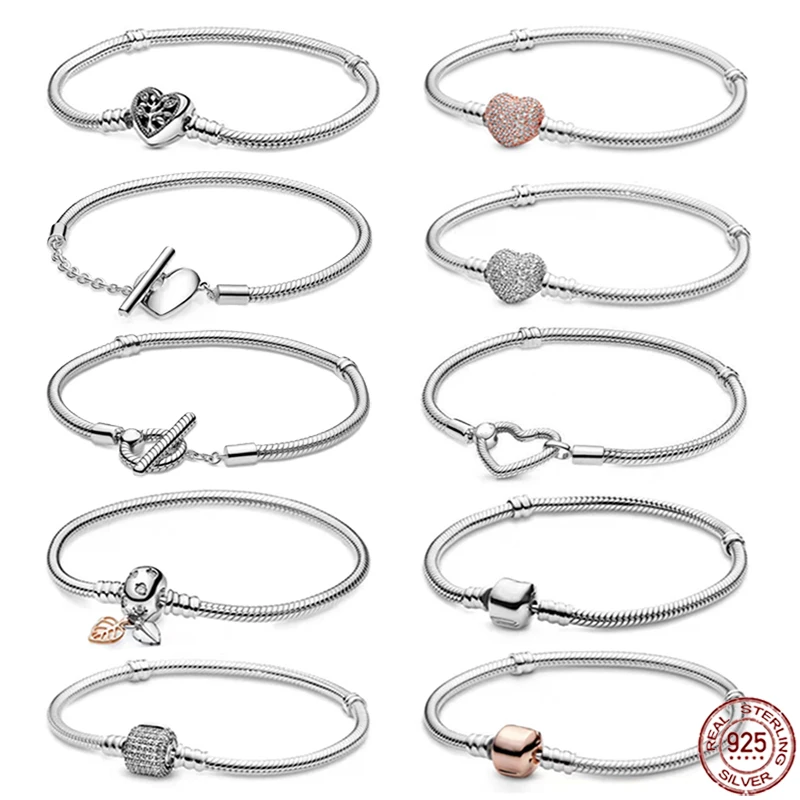 

Классический браслет из серебра 925 пробы с простой T-образной пряжкой, браслет в виде сердца, подходит для оригинальных бусин-шармов, ювелирные изделия «сделай сам», подарки