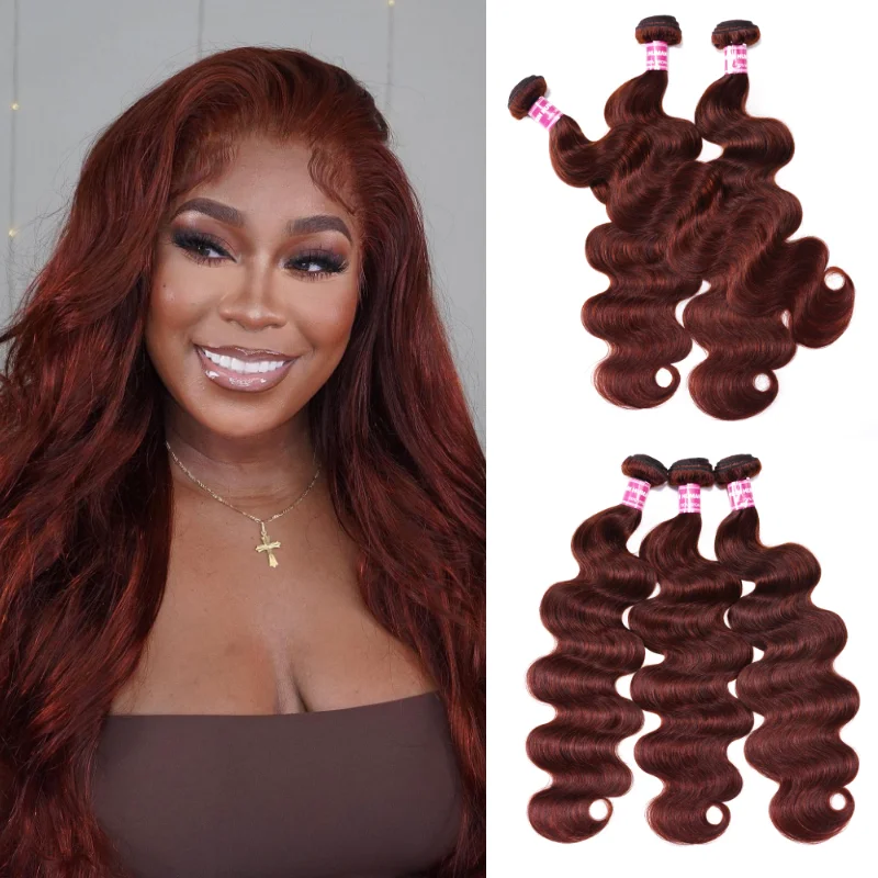 

Klaiyi Hair Body Wave Bundles Malaysian 33B Reddish Brown Human Hair Weave 3/4 Bundles Dark Auburn Remy Hair Extension Deals