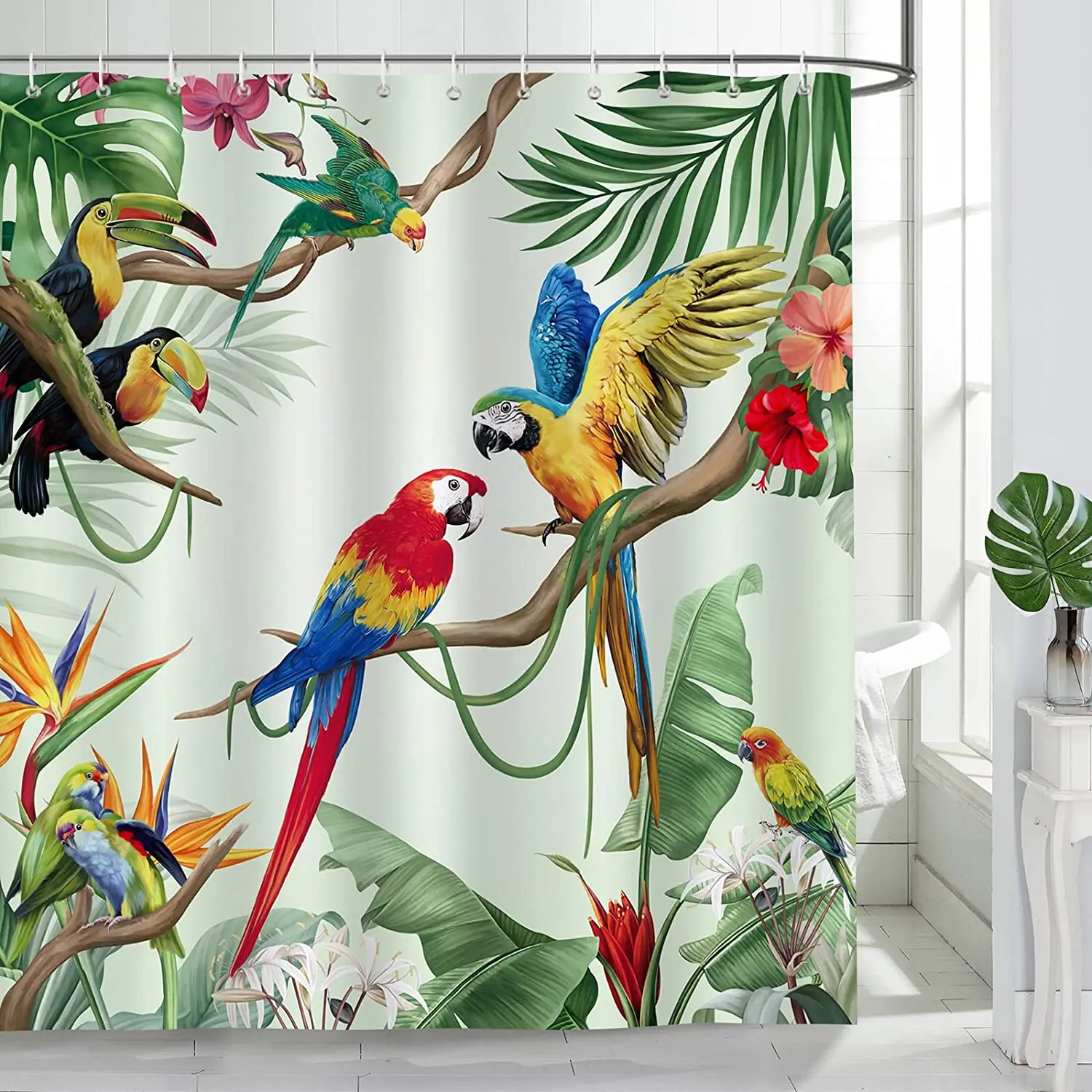 

Тропические птицы, занавеска для душа для ванной, попугай, тукан, зеленые листья, растения, летние шторы для ванной из полиэстера, декоративные крючки