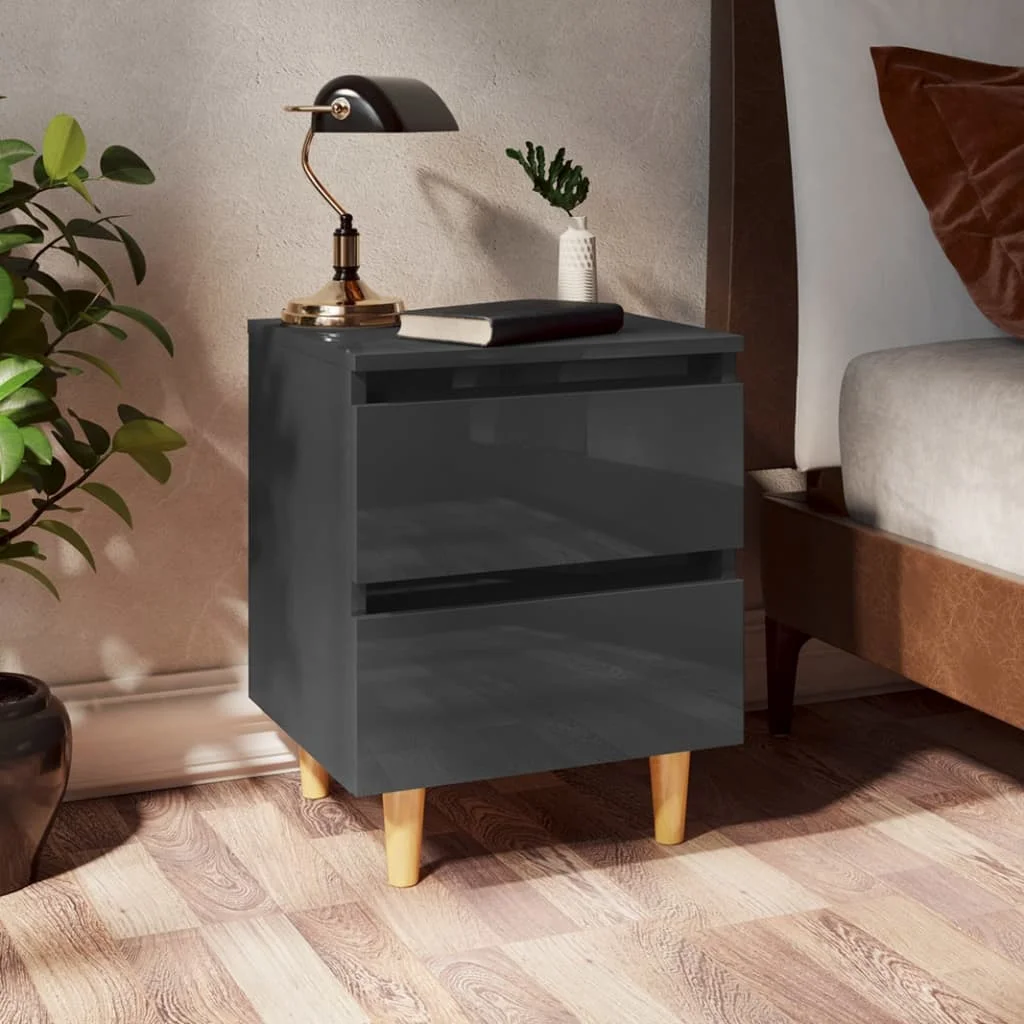 

Bedside Cabinet with Pinewood Legs, Chipboard Nightstands, Side Table, Bedrooms Furniture High Gloss Grey 40x35x50 cm