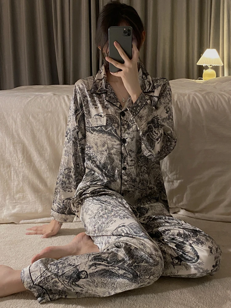 2pcs Women's Pajamas Sets Woman Pajama Autumn Tie Dye Design Suit Long Sleeve Trousers Set Home Clothes Sexy Satin Silk Pijamas