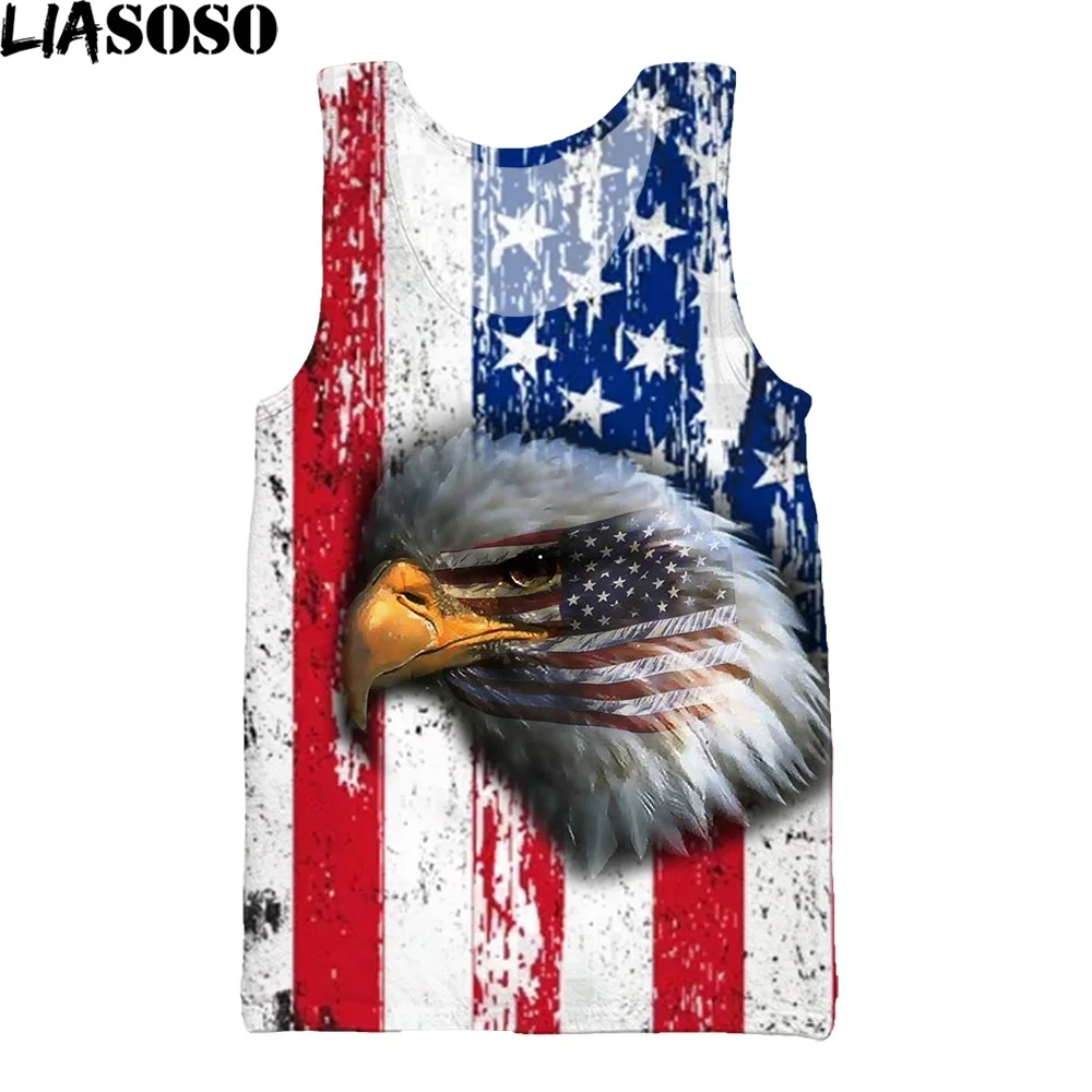 

LIASOSO 3D Print Men Muscle Vest Eagle Head Portrait Retro American Flag Harajuku Style Distressed Dyed Sport Gym Trend Tank Top