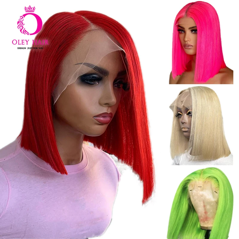 

Pink Red Green Colored Short Bob Cut 16 Inch Synthetic 13×4 Transparent Lace Front Orange Preplucked Cosplay Wigs