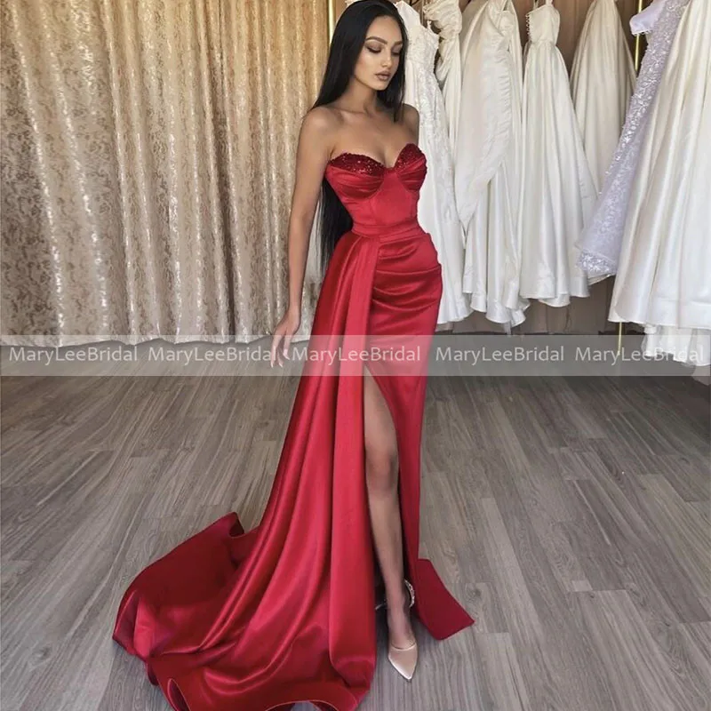 

Burgundy Long Mermaid Prom Dresses 2022 Sweetheart Neckline Arabic Dubia Evening Gowns Formal Side Split Party Robes De Soirées