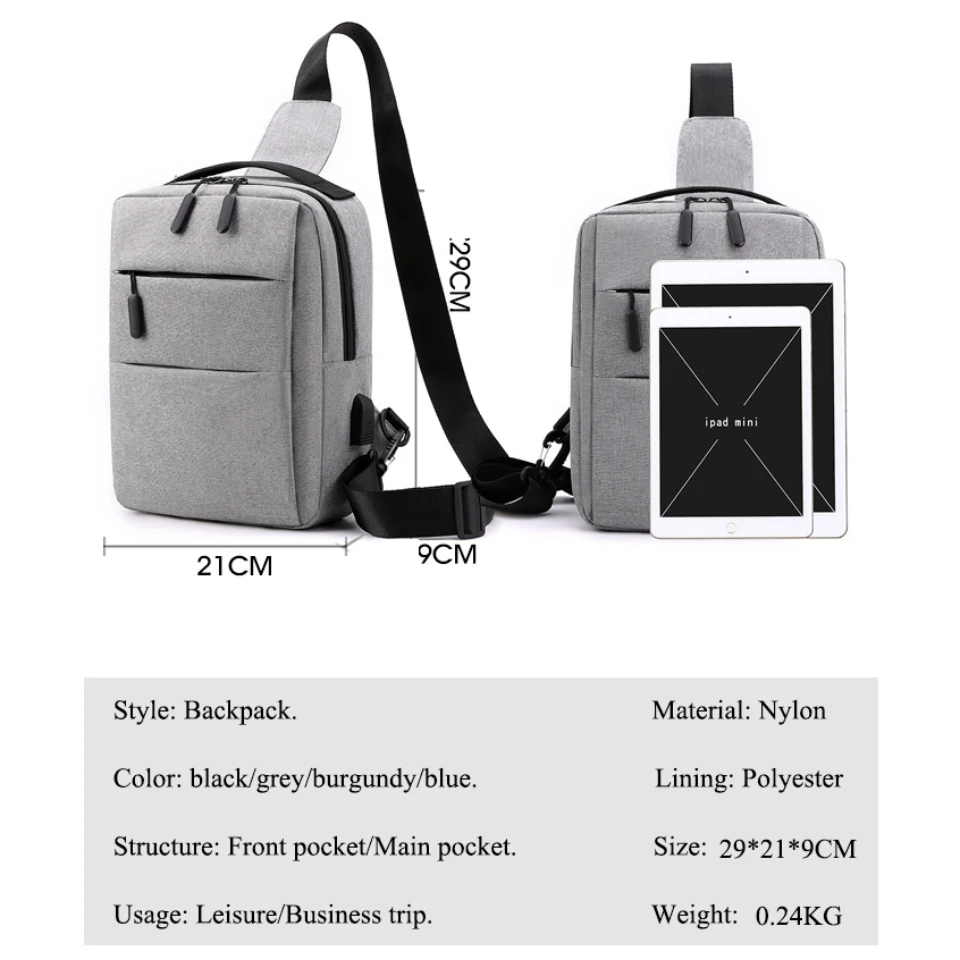 Men's Shoulder Bag USB Charging Sport Sling Bag Anti-theft Crossbody Chest Bag Casual Travel Bag Business Tablet Small Backpacks
