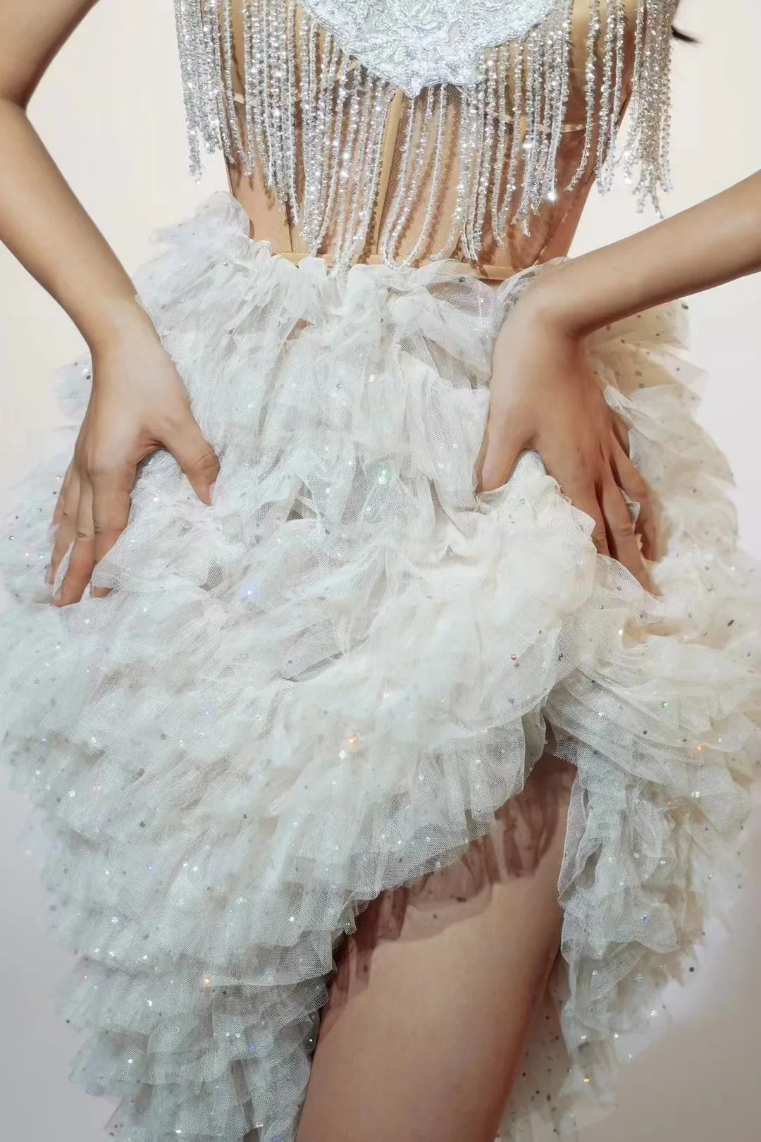 Autumn Halterneck White Tassel Fairy Luxury Tutu Skirt Birthday Party Accessible Dress Electronic Music Festival Female S