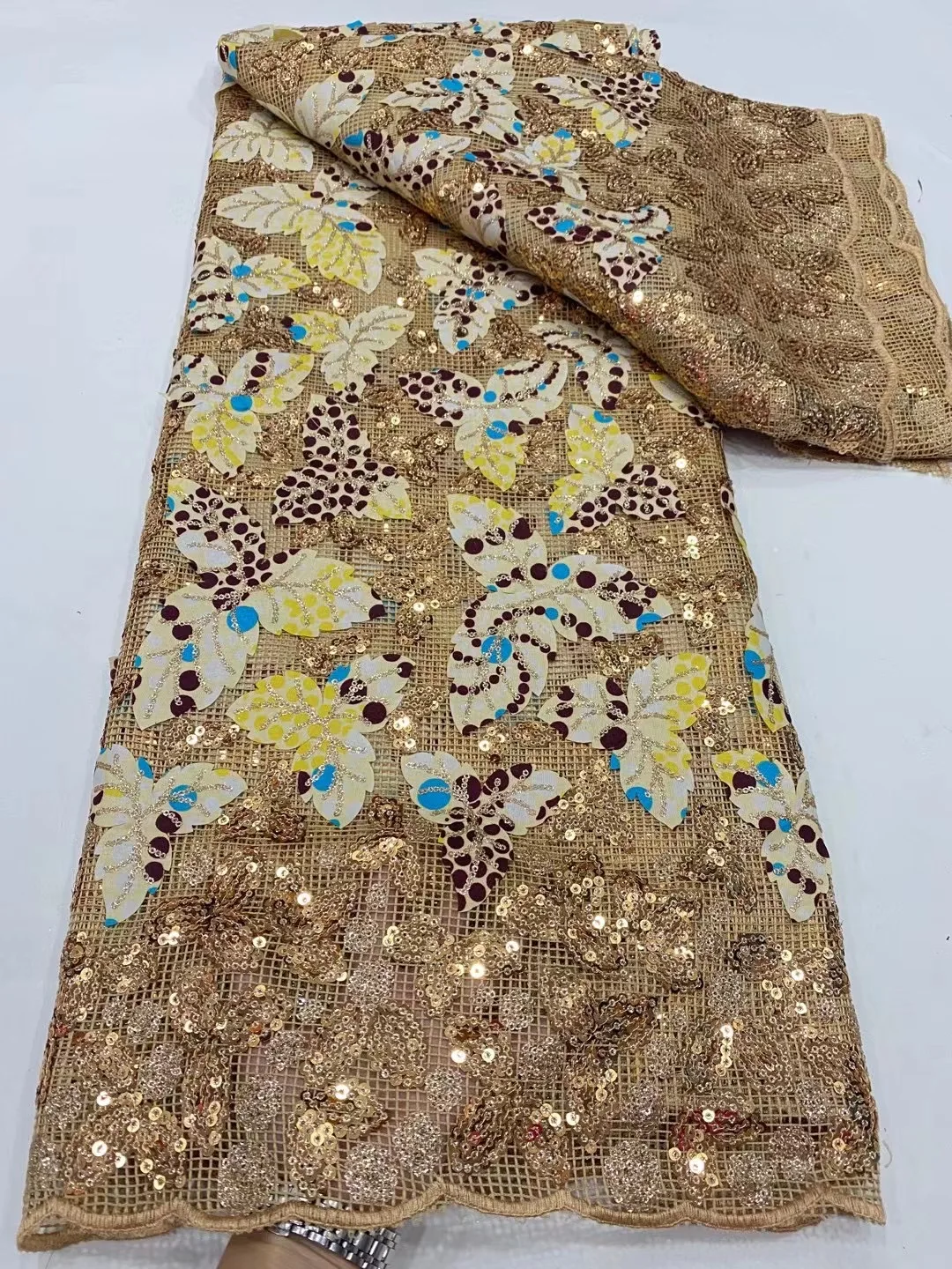 

Новое поступление, золотистая африканская Кружевная Ткань 5 ярдов, нигерийская Высококачественная стандартная Французская женская свадебная одежда