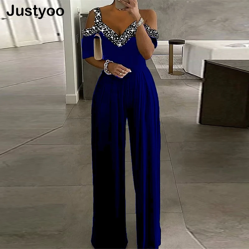 

Женский комбинезон с открытыми плечами, элегантный Облегающий комбинезон с V-образным вырезом, коротким рукавом и широкими штанинами, 2023