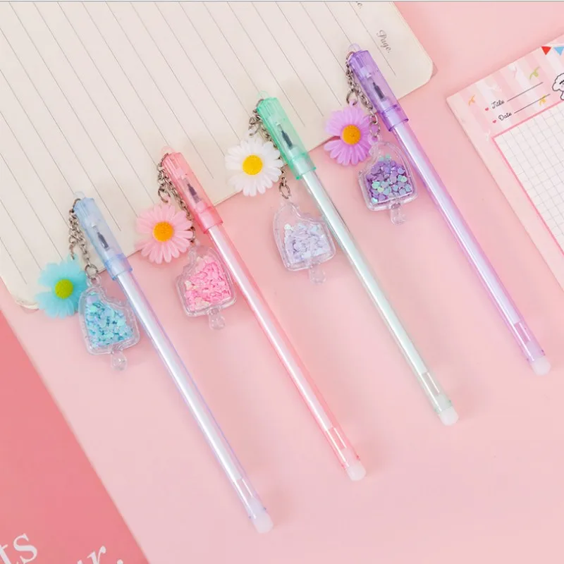 

1piece 0.5mm Black ink gel pen Daisy Flower Pendant school writing office supplies Station DIY write Blue Pink Green Sequin 21CM
