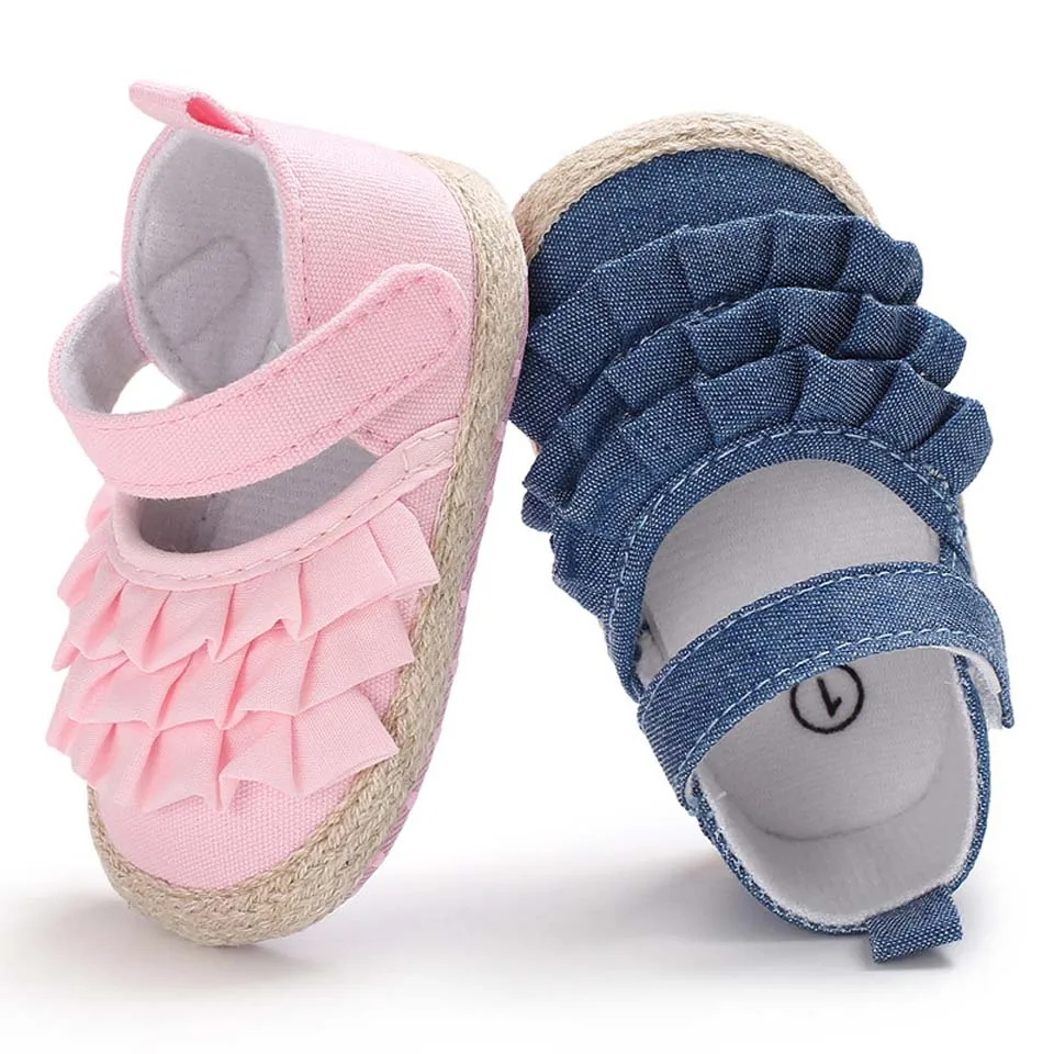 

0-18M Newborn Infant Baby Girl Summer Kids Shoes Soft Sole Crib Princess Prewalker Toddler Anti-Slip Solid Ruffled First Walkers