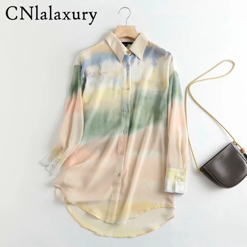 

CNlalaxury Women High Quality Retro Tie Dyed Print Chiffon Blouse Long Sleeve Chic Female Casual Loose Shirt Blusas Tops