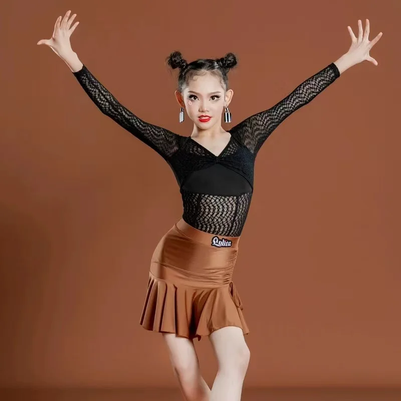 

Children's Latin dance dress Professional dance training Long sleeve dress Girls' lace dress suit Rumba Latin dance dress