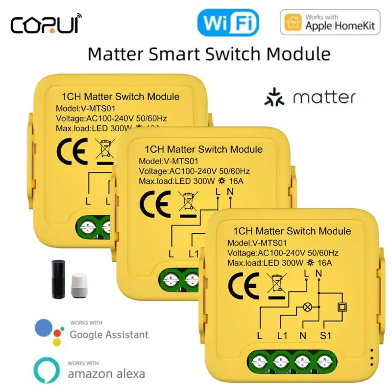 

CORUI Matter WIFI Smart Switch DIY Module HomeKit APP Wireless Remote Relay Breaker 16A 1gang Support Siri Alexa Google Home
