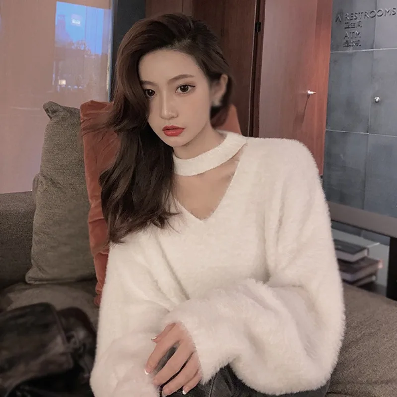 

V Neck Cropped White Mohair Knitted Cardigan Retro Casual Lazy Oversized Sueters Sweaters for Women Solid Fur Clothes Jacket