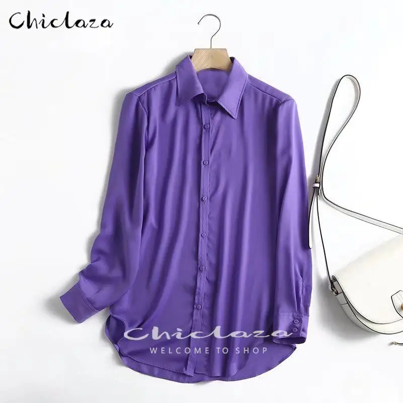 

CHICLAZA 2022 Women Elegant Purple Blouse Female Long Sleeve Chic Shirt Tops