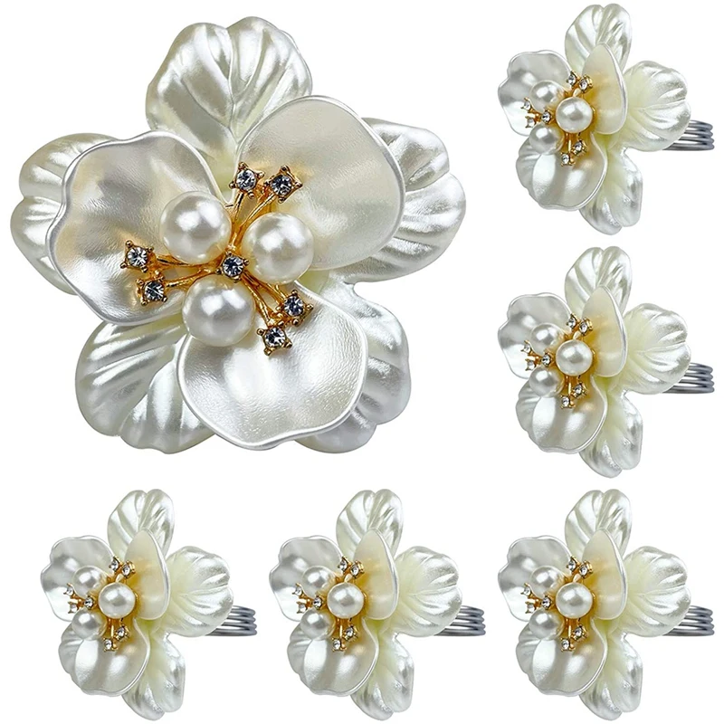 

White Pearl Flower Napkin Rings Set of 6, Crystal Diamond Napkin Rings for Wedding Birthday Party Holder Dining Kitchen