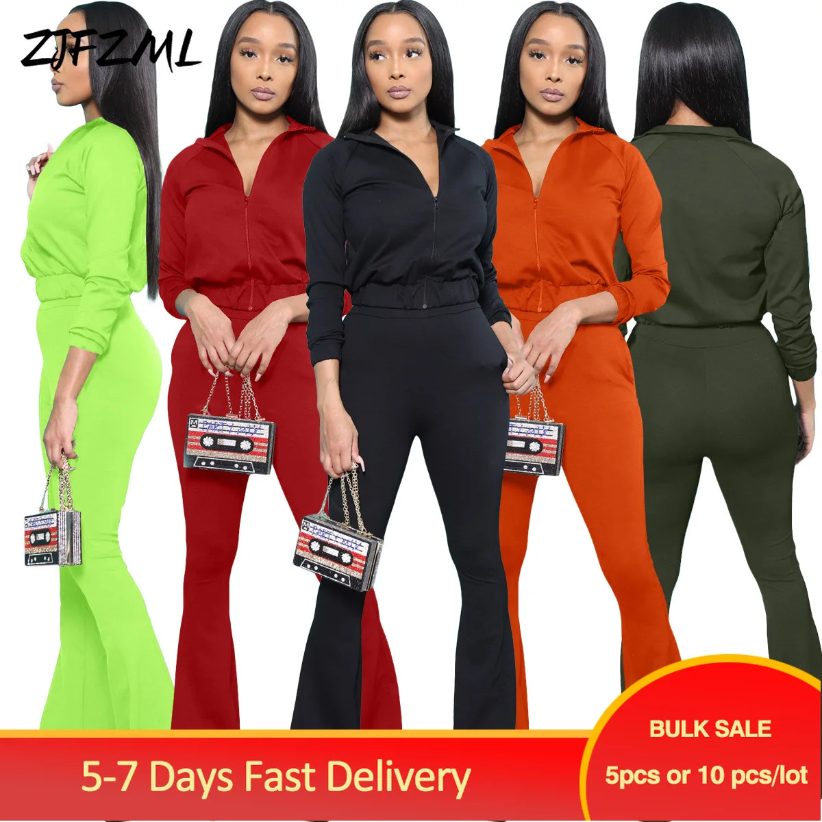 

Bulk Items Wholesale Lots 2022 Fall Winter Women's Sport Suits Casual Zipper Up Full Sleeve Pullover and Bell Bottom Legging New