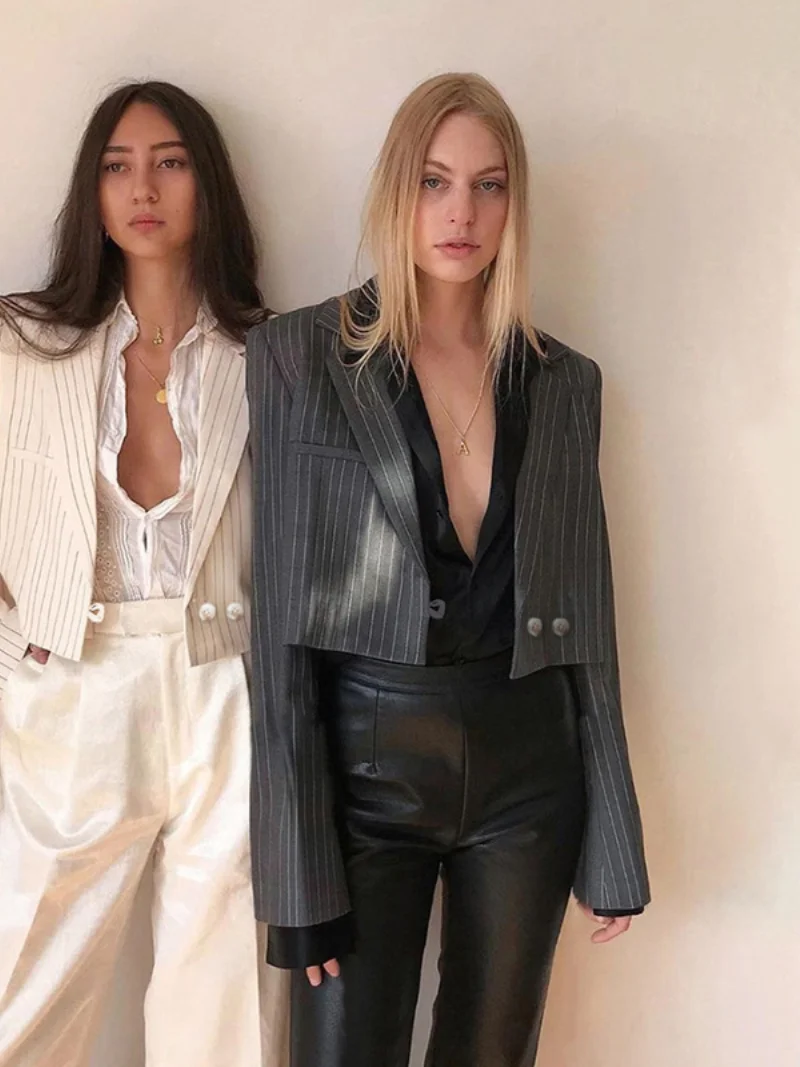 Y2k Grey Striped Short Blazer Suit with Arm Tie 2023 Women Summer Single Button Casual Office Blazer Lady Cool Sweet Short Suit