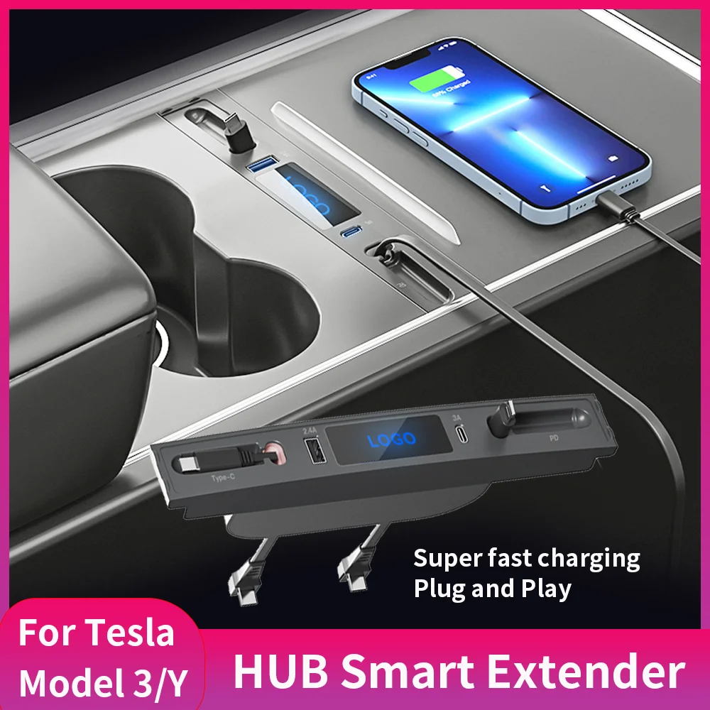 

For Tesla Model3 Mode Y 2021 2022 2023 27W Quick Charger Docking Station USB LED Shunt Hub Extension Center Console Smart Sensor