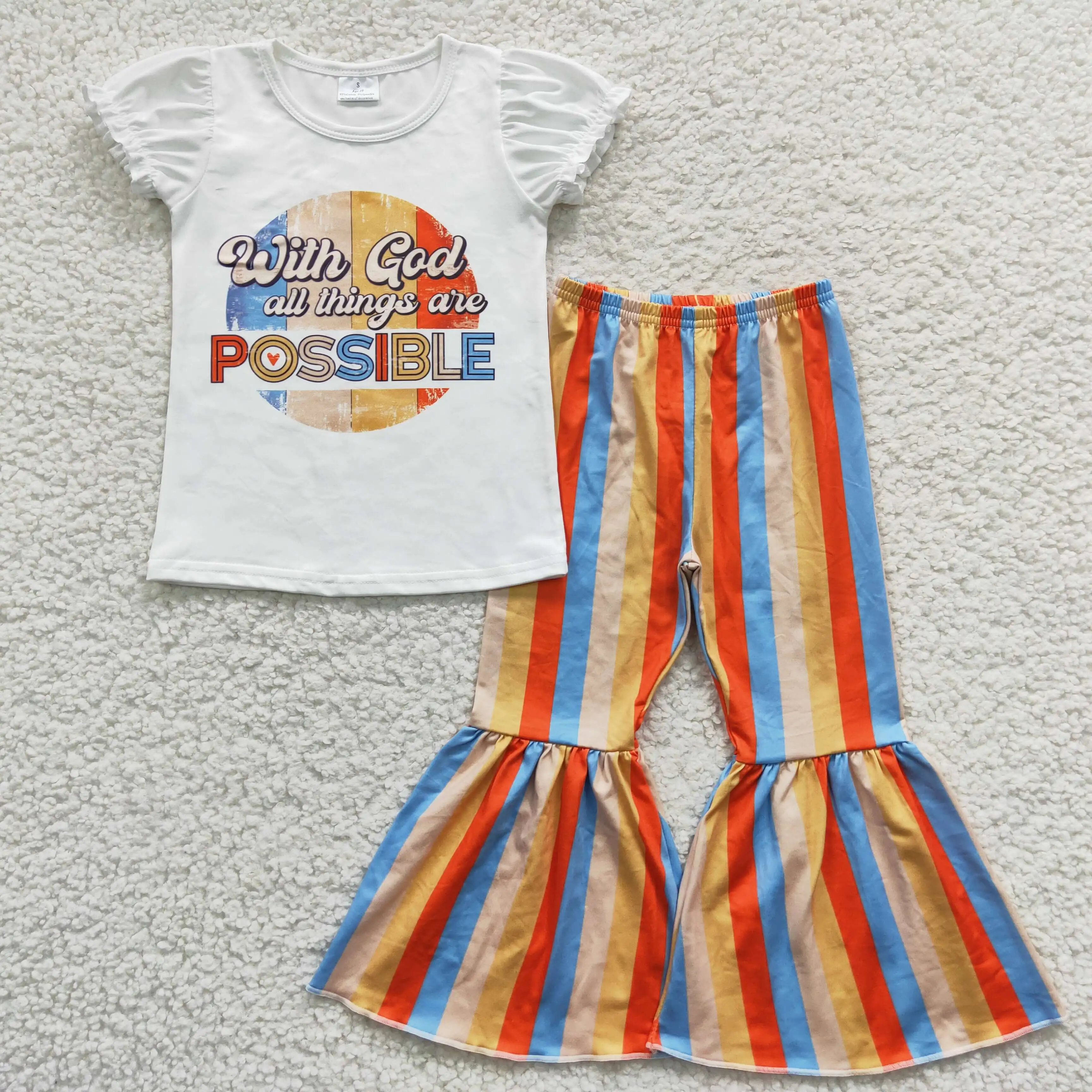 

Baby Girls God Possible Sets Clothing Boutique Kids Short Sleeves Bell Bottom Stripe Pants Outfits Children New Styles Clothes