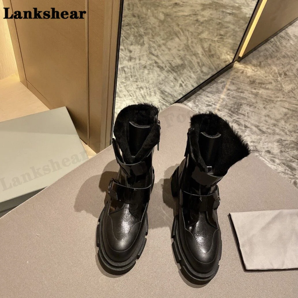 2022 New Thick Bottom Wool Mid-Tube Boots Female Leather British Windmill Boots Plus Velvet Snow Boots Wool Thermal Boots