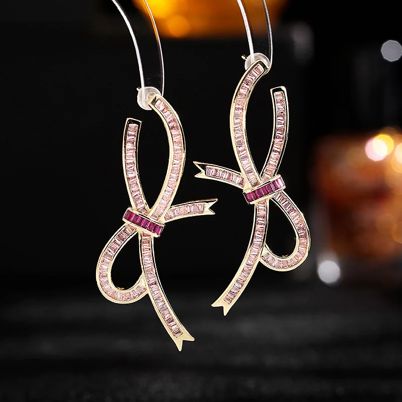 

French Elegant Temperament Light Luxury High-end Earrings Niche Design Fairy Temperament Cubic Zirconia Bow Streamer Earrings