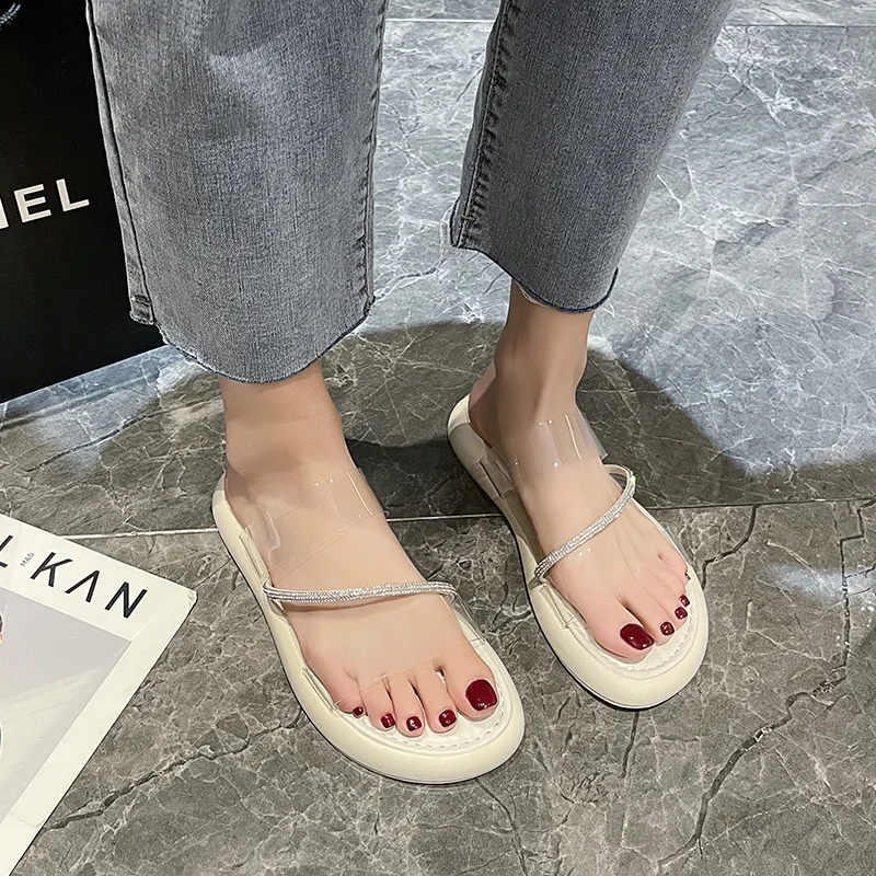 2023 Summer New Round Toe Open Toe Rhinestone Transparent Sexy Women's Slippers for Wearing Comfortable Single Shoe Women