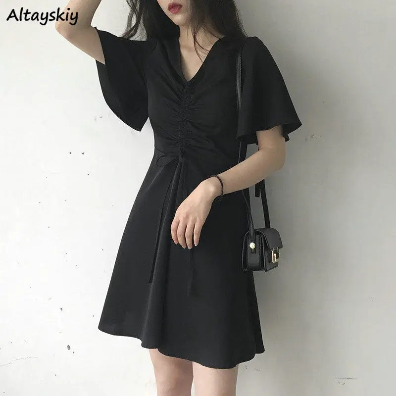 

Dress Women Flare Sleeve Zipper Solid Student Simple Loose Casual Summer Korean Style Retro Soft Cute All-match Elegant Sundress