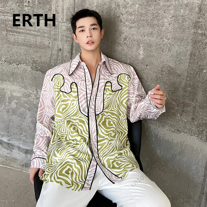 

ERTH Casual Male Long Sleeve Shirt Lapel Korean Fashion Contrast Color Splicing Men's Personality Male Printing Top 2023