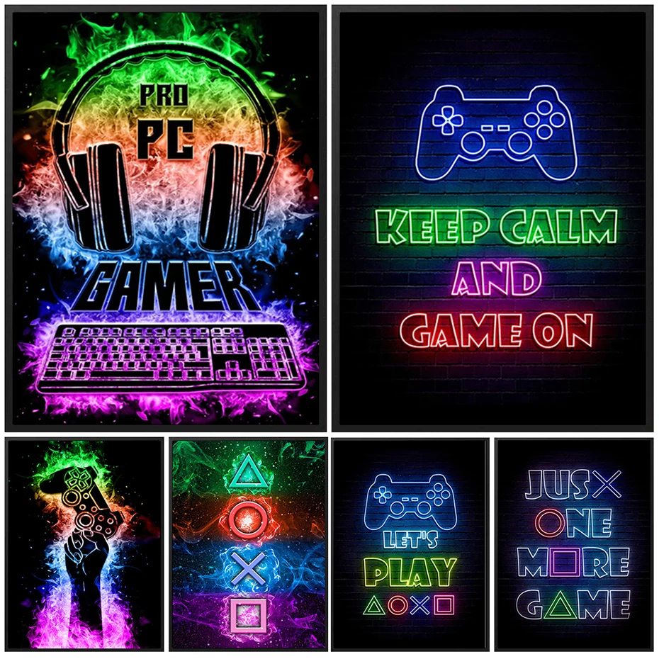 

Modern Neon Gamers Handle Headset Keyboard Wall Art Canvas Painting Print Playstation Gaming HD Pictures for Boy Room Decoration