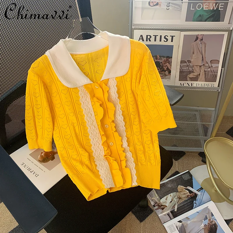 

Yellow Doll Collar V-neck Knitted Short-Sleeved Women's Top 2022 Summer Wear New Fashion Tshirt Chic Short T-shirts Versatile