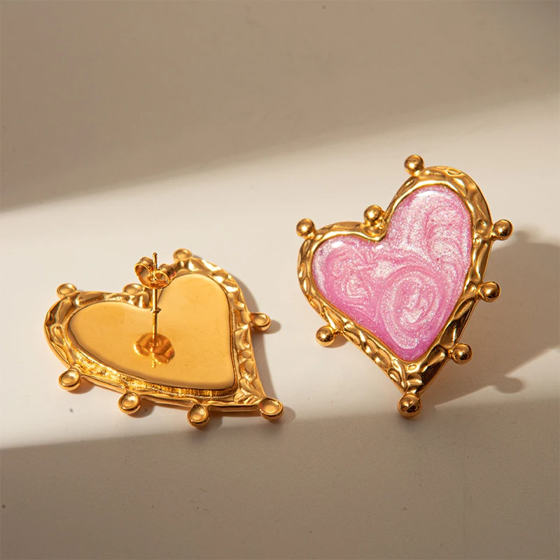 Женские серьги с большим сердцем Нержавеющая сталь. Розовый цвет.