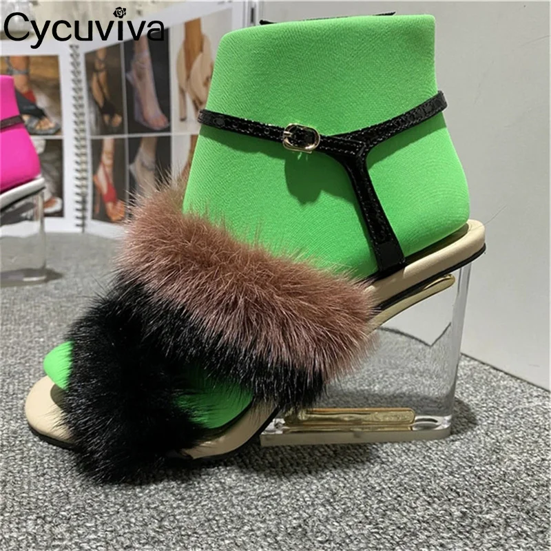 

Summer New Fur Wedges Heel Sandals For Women Ankle Strap Mules Crystal High Heel Party Shoes Women Sexy Nightclub Furry Sandals