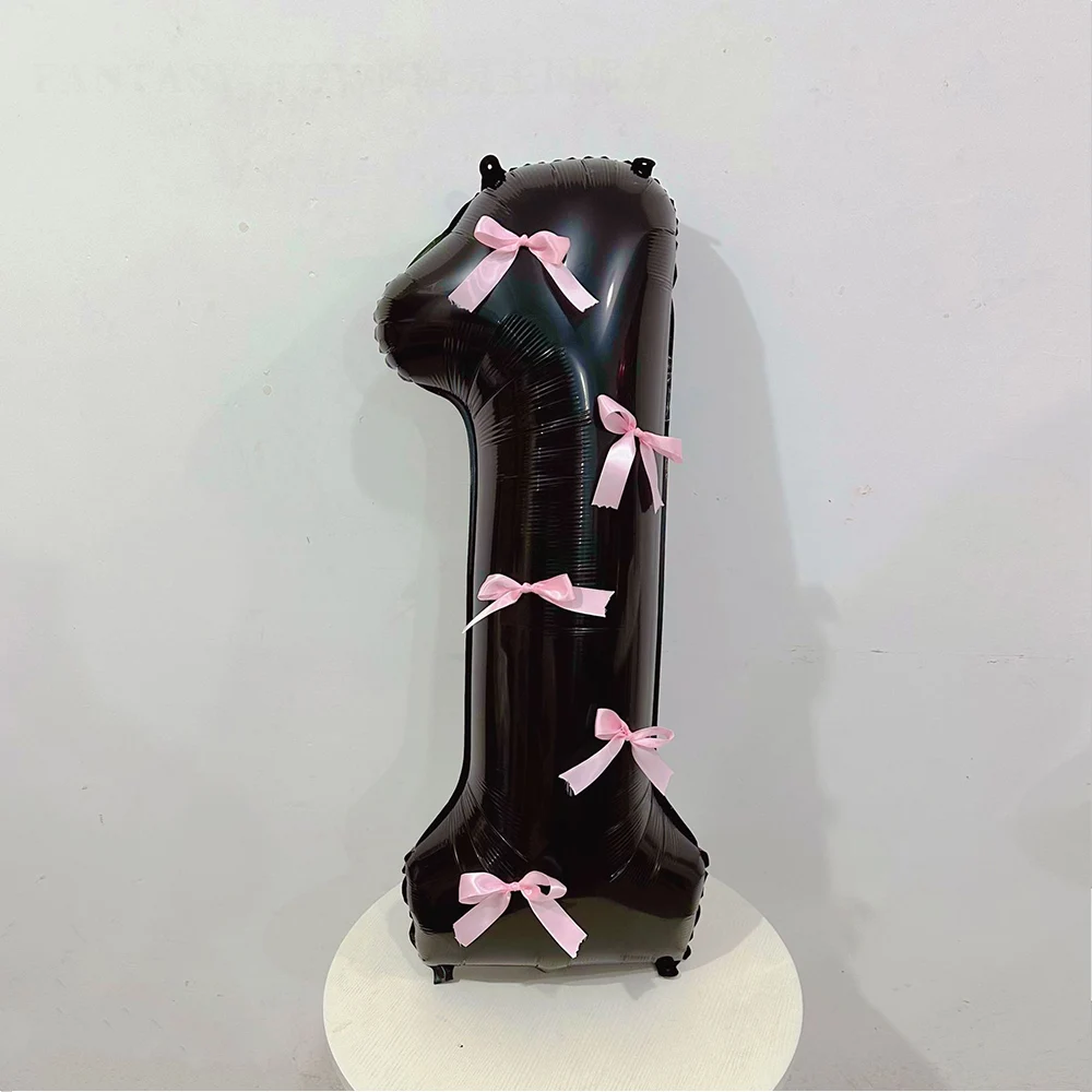 

Воздушные шары с черными цифрами, воздушные шары из алюминиевой пленки с розовым бантом для детей, украшения для дня рождения для мальчиков и девочек, номера 0-9