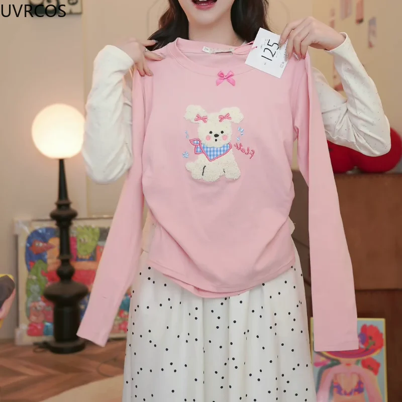 Японская лоскутная футболка с вышивкой медведя в стиле Лолиты Harajuku облегающий