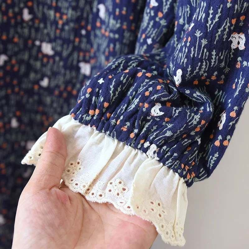 Женская хлопковая ночная рубашка с длинным рукавом простой двухслойный газовый