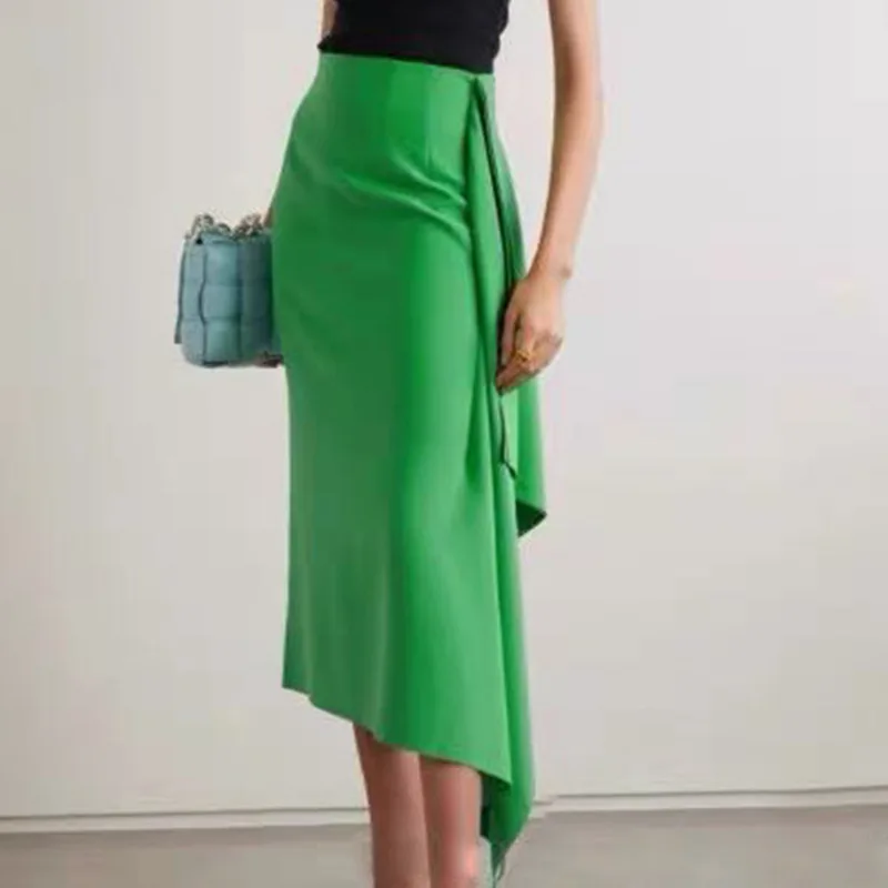 

2022 Spring Summer Woman Draped Green Midi Skirt Office Lady Free Shipping Brand New Arrive France Paris High Quality Fashion