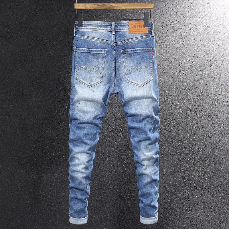 Italian Style Fashion Men Jeans Retro Light Blue Stretch Slim Fit Ripped Jeans Men Vintage Designer Casual Denim Pants Hombre