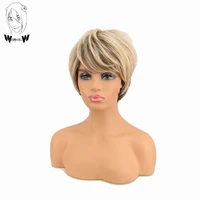 whimsical w synthetic short light blonde mix brown layered wig with bangs women fluffy natural heat resistance hair straight wig