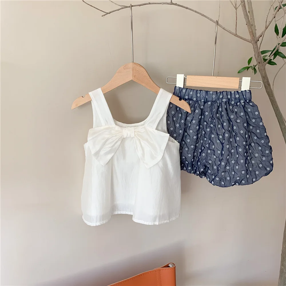 

MILA CHOU 2022 Summer Baby Girls Cute Bow Camisole + Flowers Shorts 2Pcs Suit Children Chiffon Sleeveless Set Outfit Kid Clothes