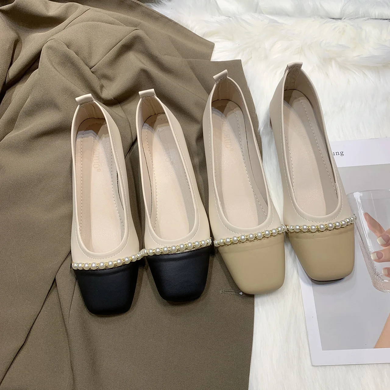 Retro Woman Shoes Elegant Soft Shallow Mouth Pearl Decorateion Female Footwear Square Toe Modis Low Heels Autumn Casual Sneaker