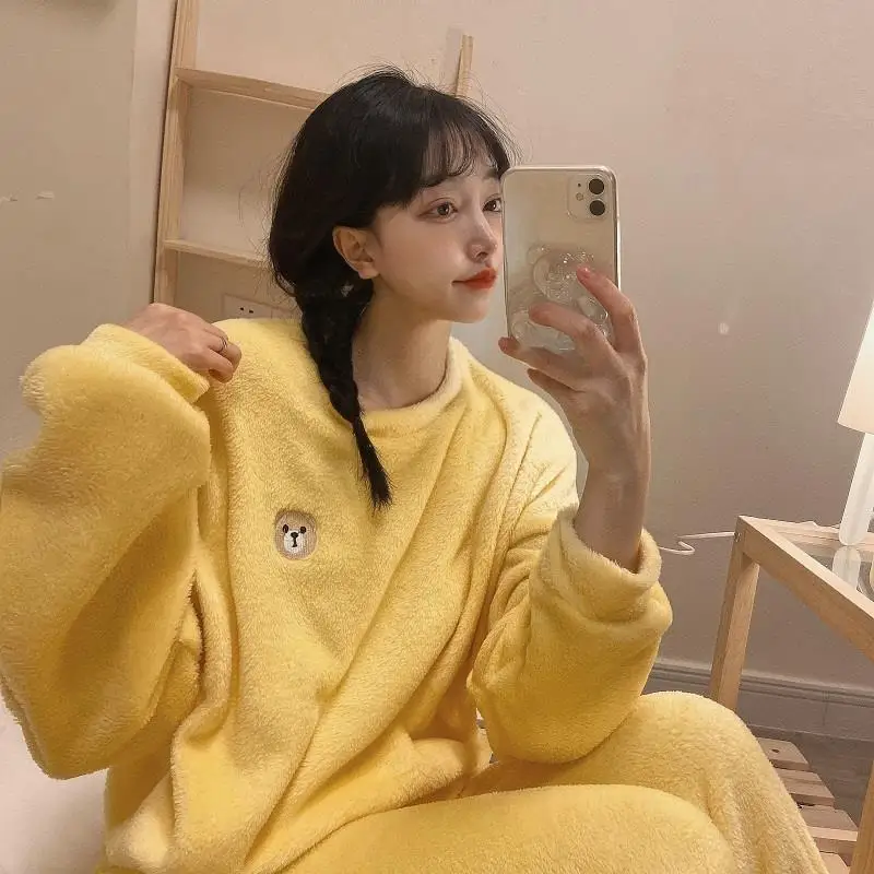 QWEEK Winter Women's Pajamas Gray Yellow Bear Embroidery Flannel Pijamas Round Neck Long Sleeved Trousers Pyjamas Sleepwear Cute