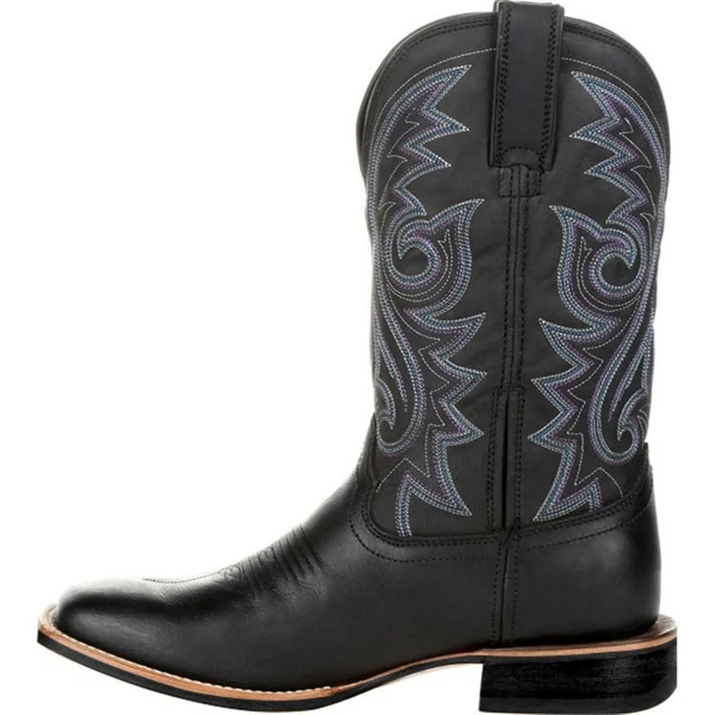 Men Boots Mid Calf Western Cowboy Motorcycle Boots Male Autumn Outdoor PU Leather Totem Med-Calf Boots Retro Designed Men Shoes images - 6