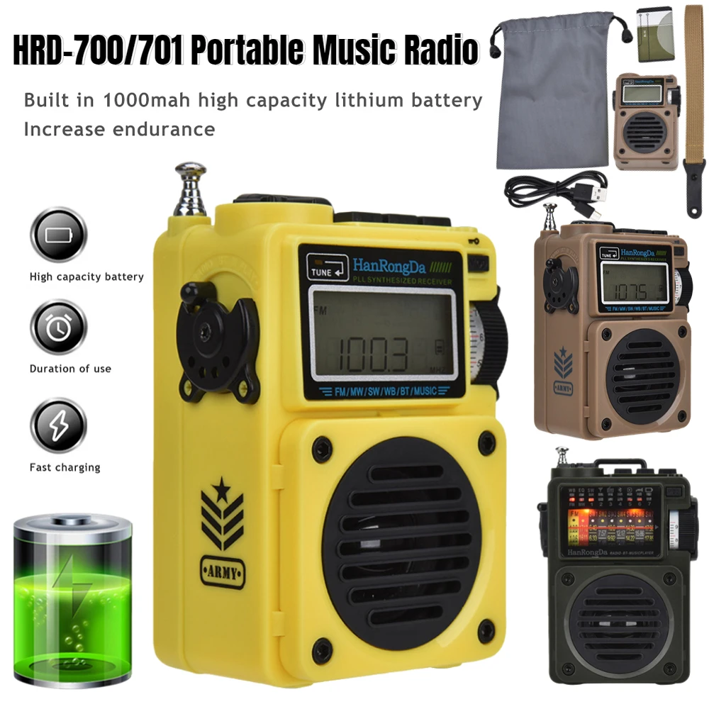 

HRD-700/701 Portable Music Radio Full-Band FM/MW/SW/WB Receiver Subwoofer Bluetooth 5.0 Speaker TF Card Playback Digital Radio