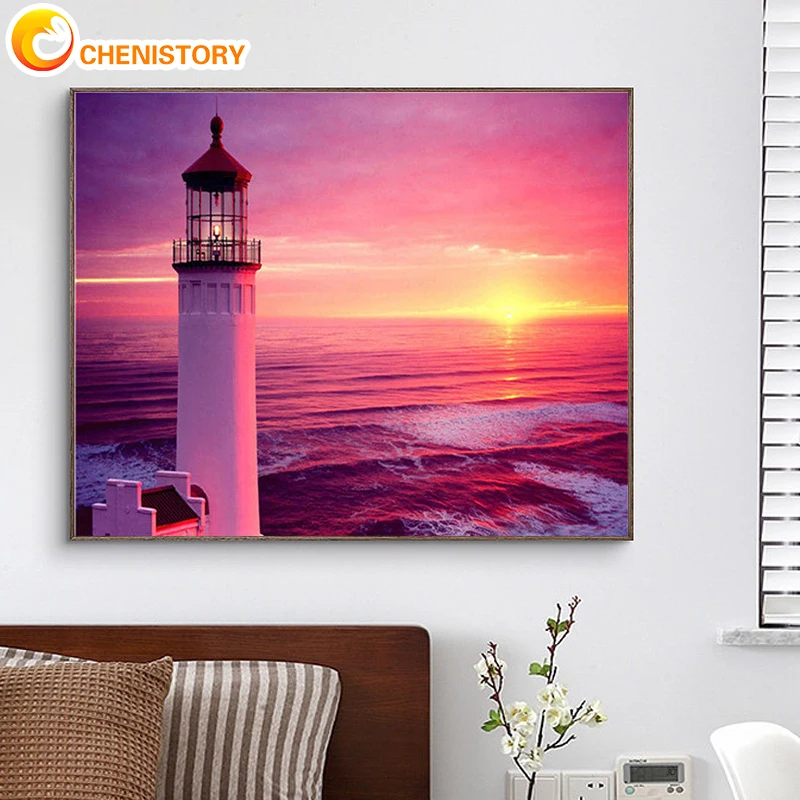 

CHENISTORY Oil Painting By Numbers Pink Sky Handpainted Pictures By Numbers Scenery Number Painting Wall Art