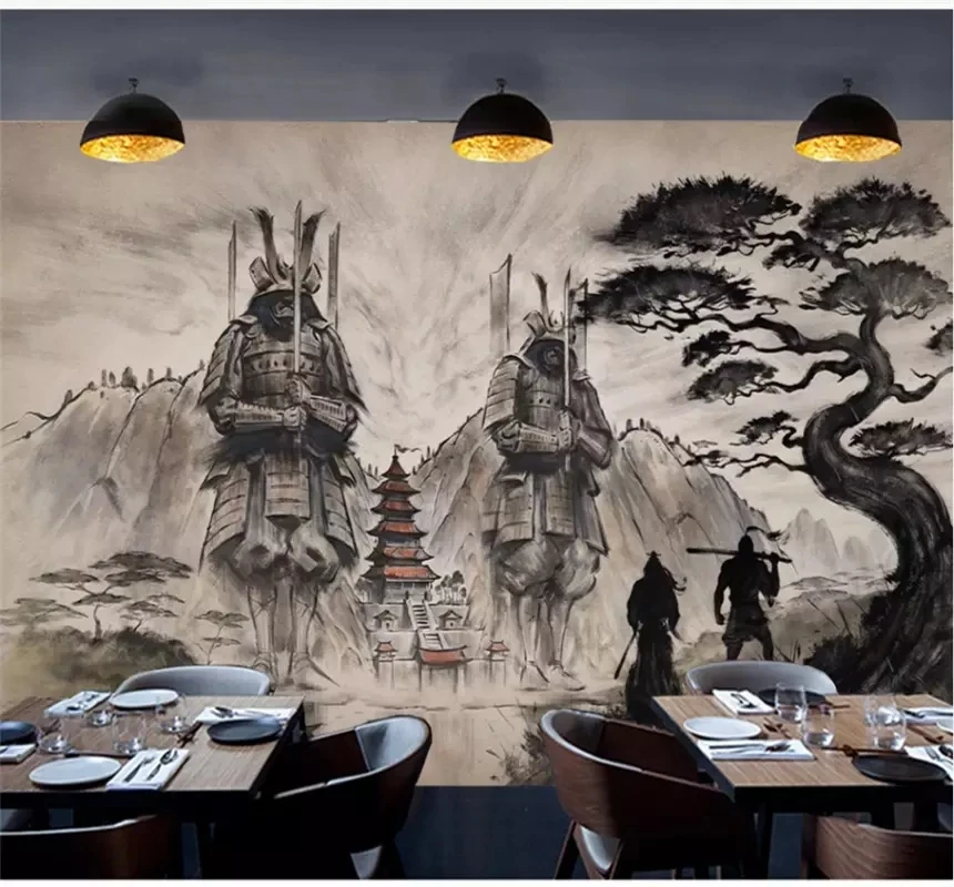 Custom Self-Adhesive Wallpaper 3D Atmospheric Mural New Japan Samurai Ukiyoe Creative Restaurant Background Wall 5D/8D |