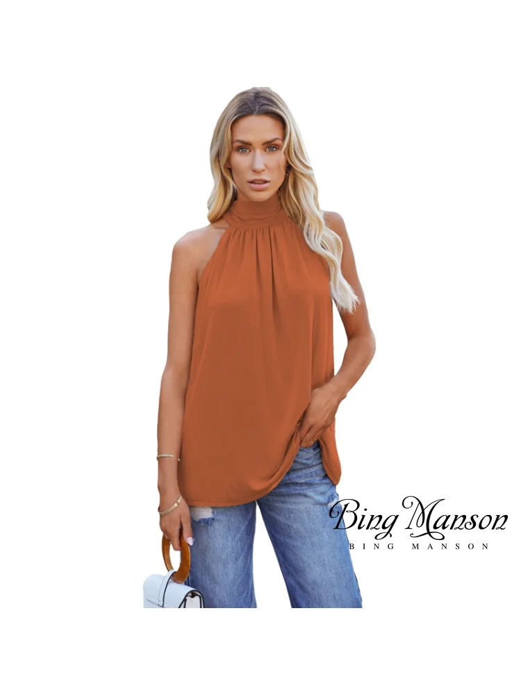 

2023 Women's Summer New Solid Neck Sleeveless Top Women's Mid Length Casual Pullover Tank Top Street Apparel Y2k Gothic Kpop